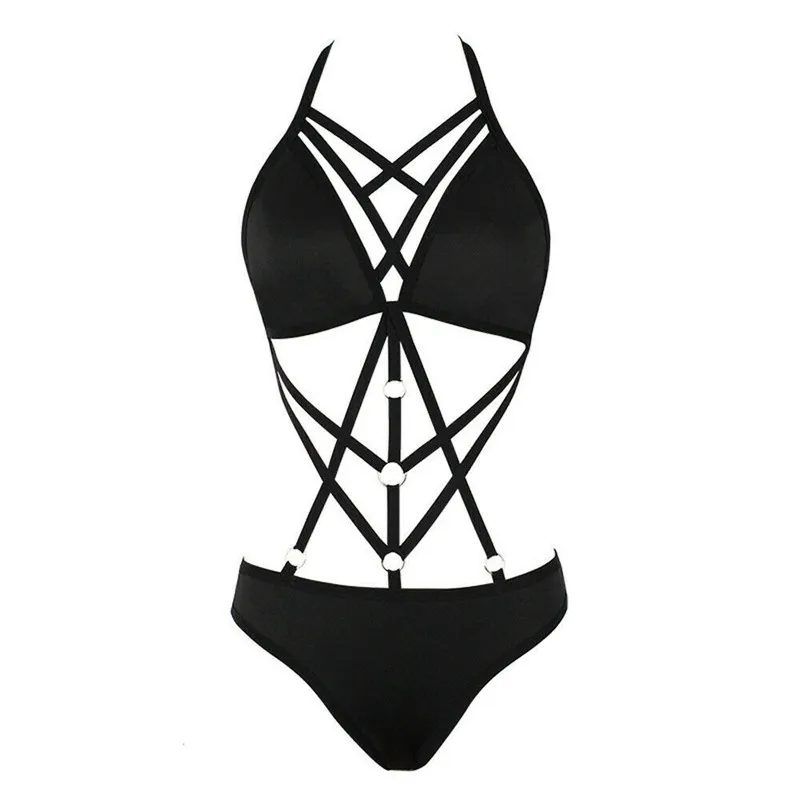 

2019 Sexy Womens Nightwear Black One-Piece Bikini Bandage Set Summer Bikini Swimweare Swimsuit Bathing Beacgwear