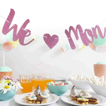 

We Love Mom Glitter Bunting Banner Garland for Mothers Day Party Decoration