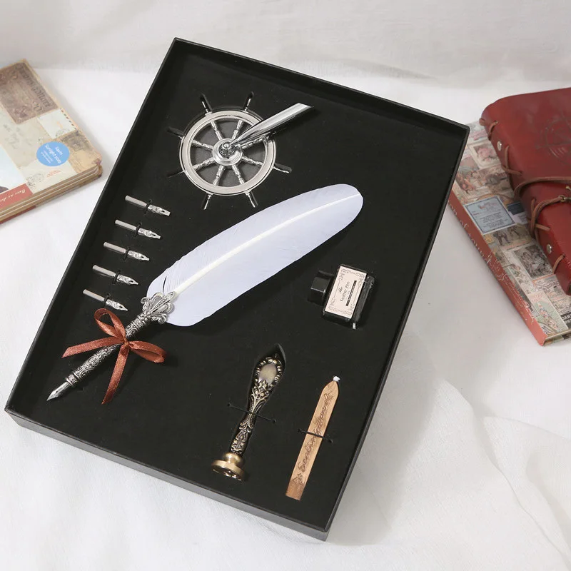 

1 pcs Antique Feather Dip Pen 7 Styles Luxury Set Carved Metal Ink Fountain Pen Wedding Birthday Christmas Beautifully Gifts