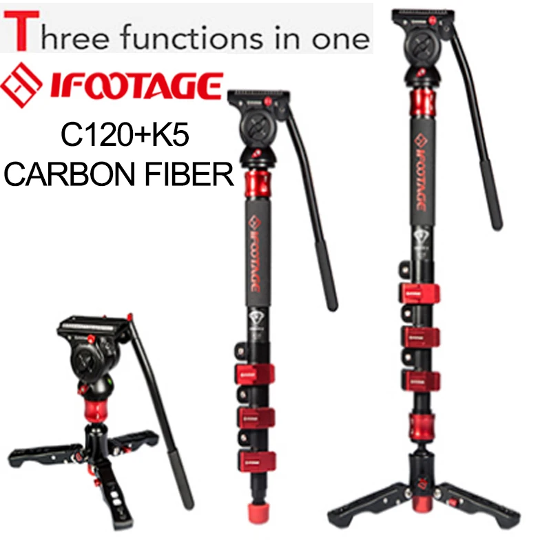 Ifootage COBRA2 C120 120 センチメートル炭素繊維ポータブルデジタル一眼レフビデオカメラ一脚とkomodo K5  流体ヘッドミニ三脚