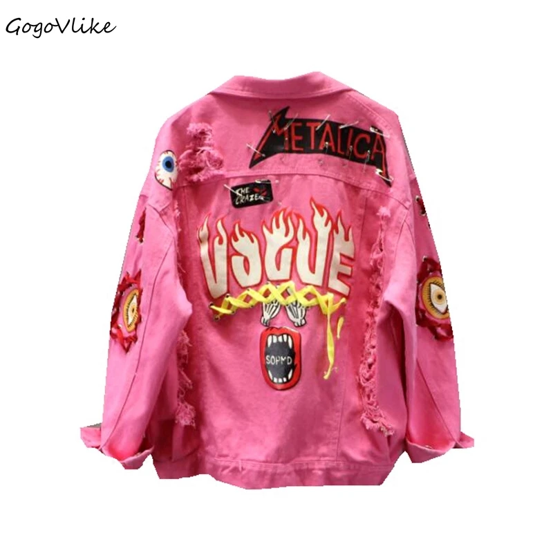 

Graffiti Print denim coat Punk Rock Pink Holes Jeans jacket 2018 Autumn jaqueta mouth Ripped Jeans Pins Coat Harajuku LT520S60