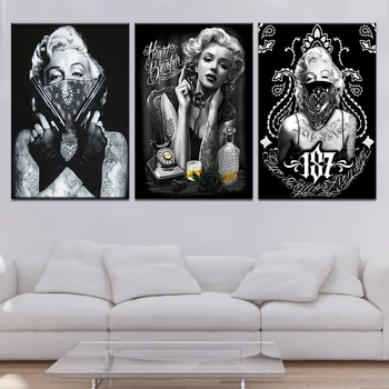 

Tattoo Marilyn Monroe Art Prints Black White Pop Art Poster Sexy Portrait Canvas Wall Pictures 3 panel for Home Office Decors