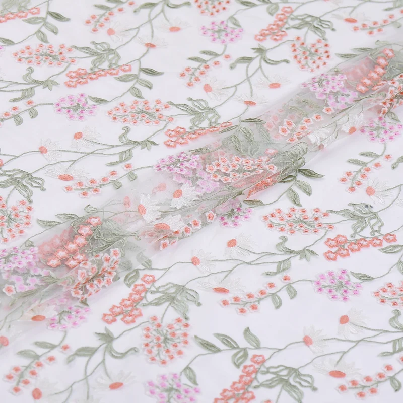 

138CM Wide 33MM Pink Orange Floral Embroideried White Polyester Lace Fabric for Spring Summer Wedding Evening Dress J165