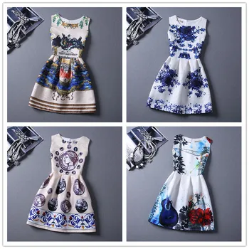 

2018 New 16-19Y summer girls clothing fashion european style girls dresses Retro print pattern sleeveless dress for girls