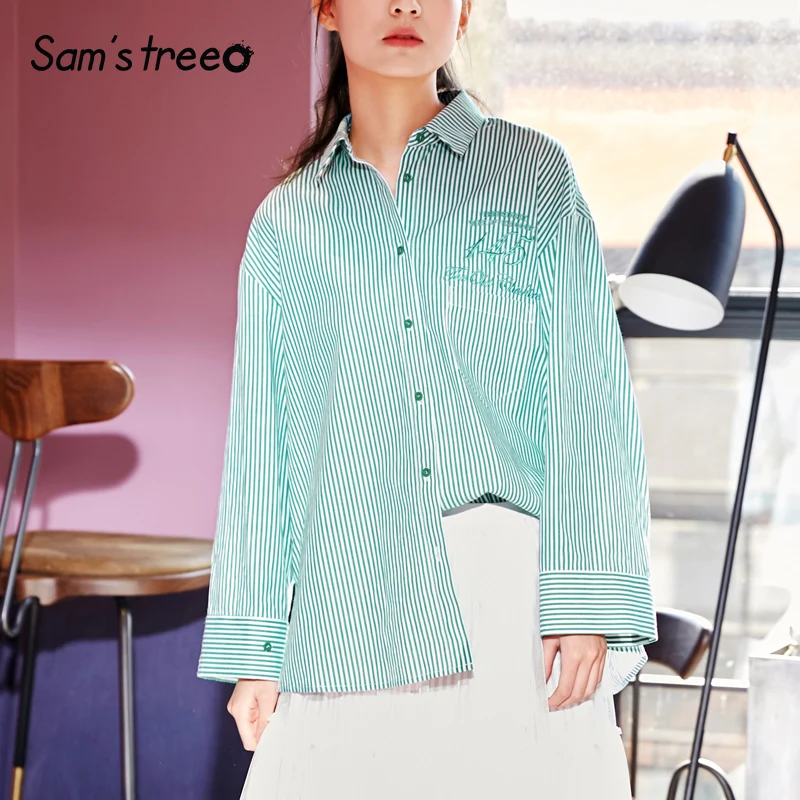 

Samstree Loose Spring Summer Striped Women Blouses Sheer Cotton Letter Embroidery Female Tops Drop-shoulder Turn-down Collar