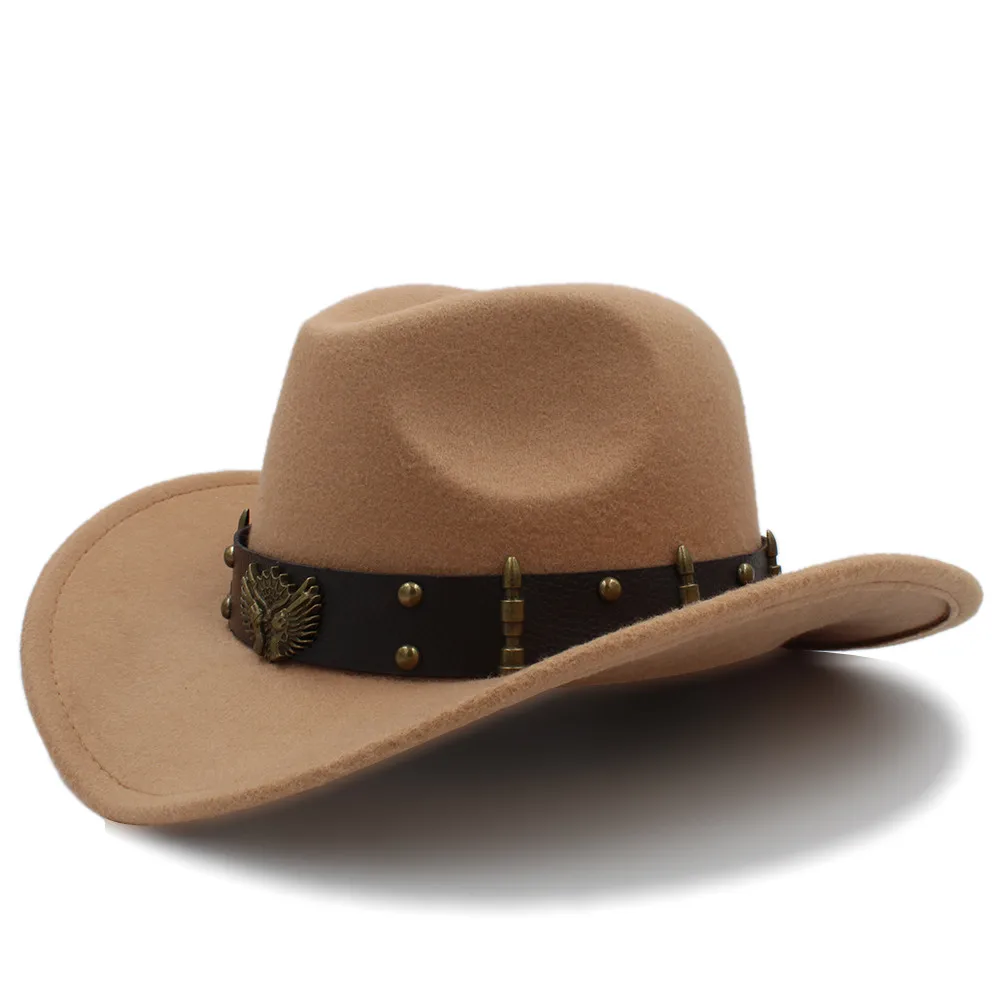 Wome Мужская черная шерсть Chapeu западная ковбойская шляпа джентльмен Джаз сомбреро Hombre Кепка папа ковбойские шляпы для женщин размер 56-58 см - Цвет: Khaki