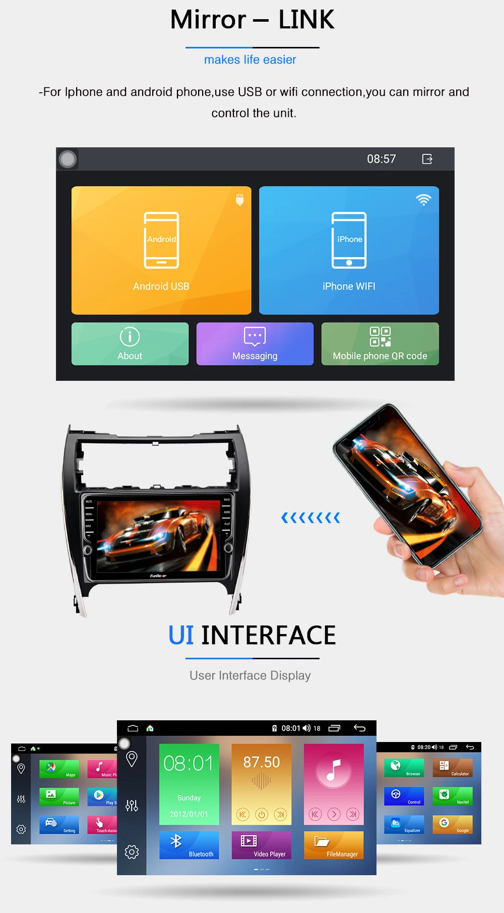 Excellent Funrover 8 core android 9.0 car dvd multimedia for Toyota Camry 50 2012 2013 2014 radio gps navigation system navi stereo DSP BT 11