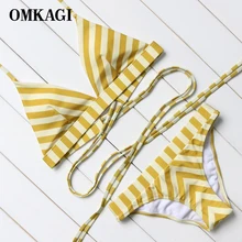 OMKAGI Полосатый Bikinis Женщины Купальники Бразильский Топ Bikinis Set с Низкой Талией Купальник 2017 Лето Холтер Бинты Пляж Купальный Костюм
