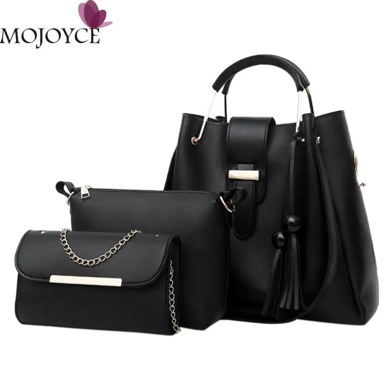 Beste 3 stks set PU Leer Vrouwen Handtas Merk Fashion Kwasten Crossbody Tassen voor Vrouwen Grote Schoudertas Vrouwelijke Emmer Handtassen 2018