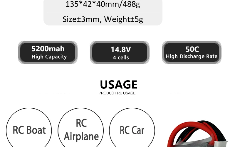 HRB 14.8V Lipo Battery, 135*42*40mm/488g Sizet3mm, WeighttSg