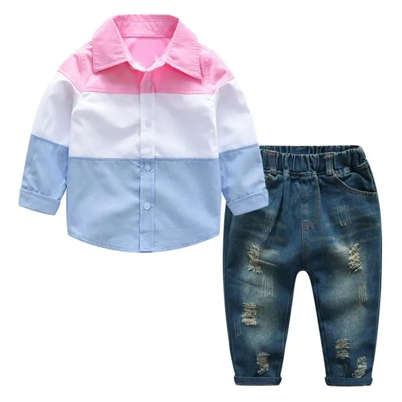 Осенняя одежда для маленьких мальчиков, футболка+ джинсы, детская одежда из 2 предметов, спортивный костюм для мальчиков, комплекты одежды для детей 2-7 лет - Цвет: Pink