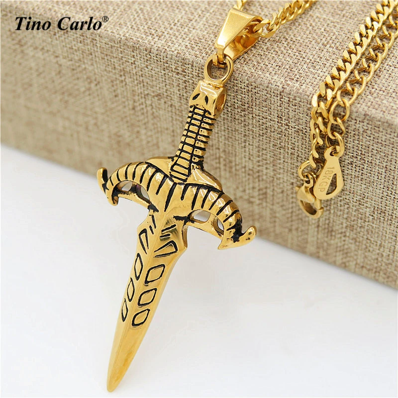 Tino Carlo European Dagger HIPHOP Necklace Cool Black Gold Knife Charm