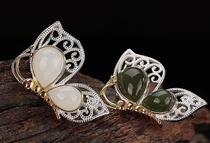 

S925 925 silver gilding brooch butterfly vintage natural stone brooches 32*21mm