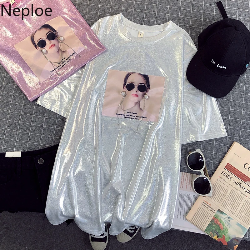 

Neploe Harajuku Aesthetics Tshirt Print Beading Short Sleeve Tops Tees Summer Fashion Boyfriend Style Loose Casual Long T-Shirt