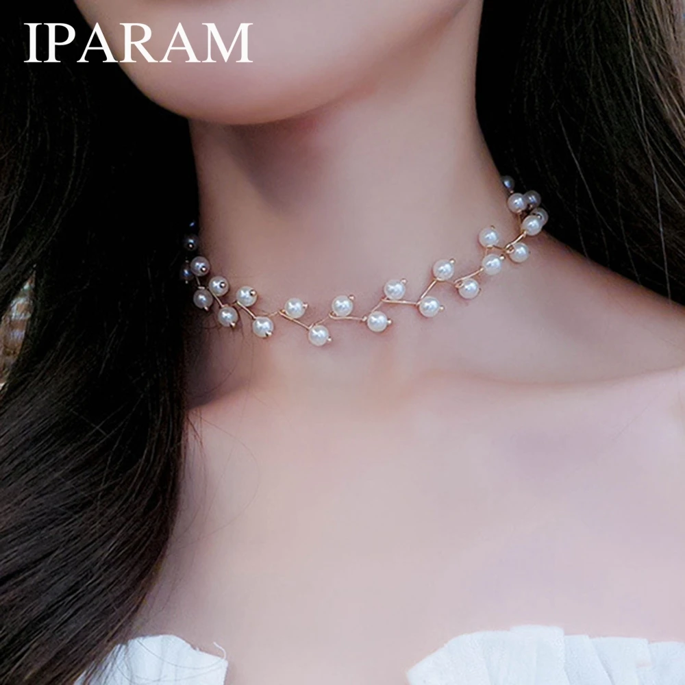 

IPARAM 2019 Trendy Elegance Statement Necklace Charm Simulated Pearl Beads Choker Necklace For Women Kolye Collier Femme