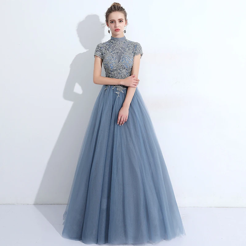 

2019 Summer new Slim fit Long Lace Short sleeve dress women Solid color Elegant Mesh Party A-Line Long dress Women's