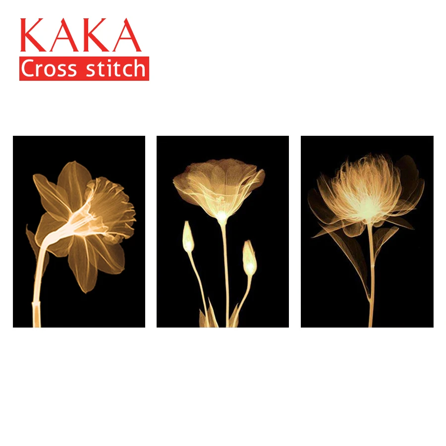 

KAKA Cross stitch kits,5D Triplets Gold Flowers,Embroidery needlework sets with printed pattern,11CT canvas,Home Decor Painting