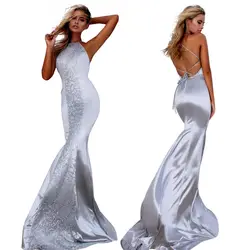Новые Элегантные длинные серебряные вечернее платье с блестками Праздничное платье сексуальное с раструбом спинки халат Longue платья для