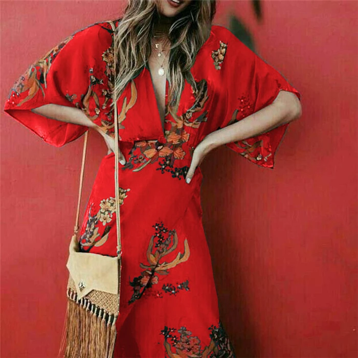 V Neck Women Wrap Dress Floral Print Kimono Style Half Sleeve Long Maxi Dress Boho Ladies Beach Dress Vestido Plus Size 3XL