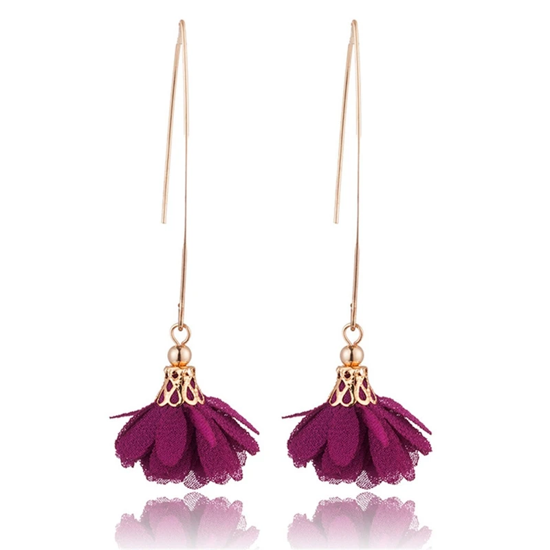 

Cloth Flower Handmade Craft Hanging Long Golden Dangle Earrings For Women Ladies Statement Jewelry Accessories Drop whosale