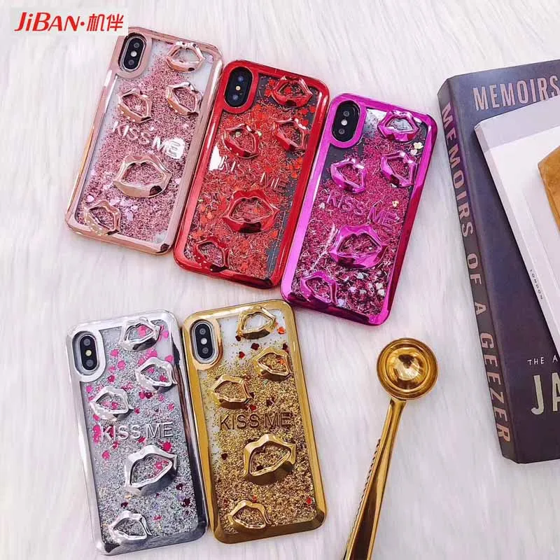 JIBAN 3D Cartoon Lips Glitter KISS ME letter Phone Case for iphone 5 SE Luxury Soft TPU Plating X 6 6s 7 8 plus |