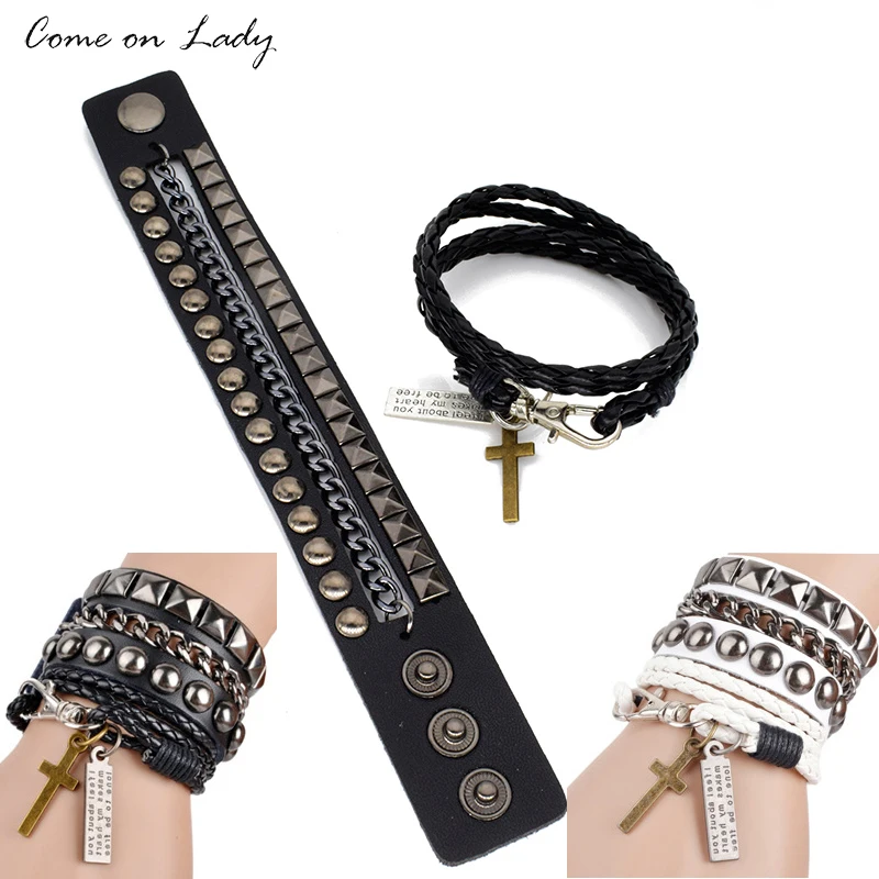

Come on lady 2Pcs/Set Double layer Leather Bracelets For Women And Men Punk Bangle Punk Hiphop Rock Night Club Statement Br034