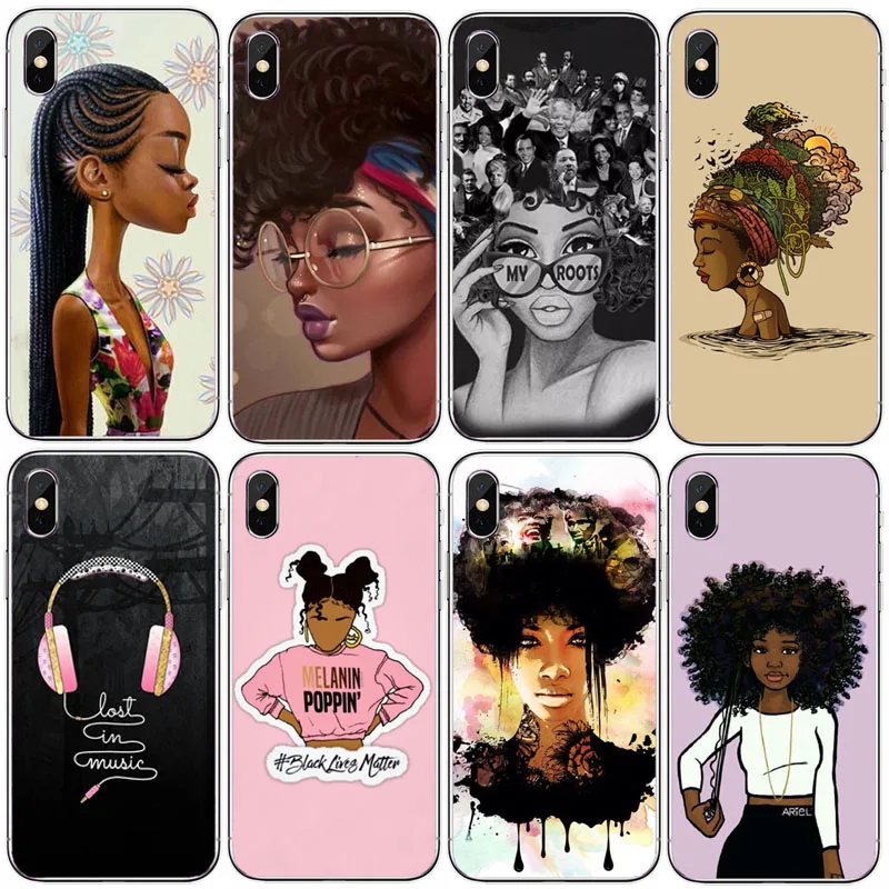 

Afro Girls Thin soft silicone TPU Phone Cover Case For iPhone XS MAX XR 7 5 5S SE 6 6S 6Plus X 10 8 8Plus Black Women art Cases