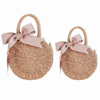 

JHD-New Summer Beach Wind Cute Bow Crossbody Woven Bag Handmade Crochet Round Straw Bag Female Bag Beach Bag Khaki