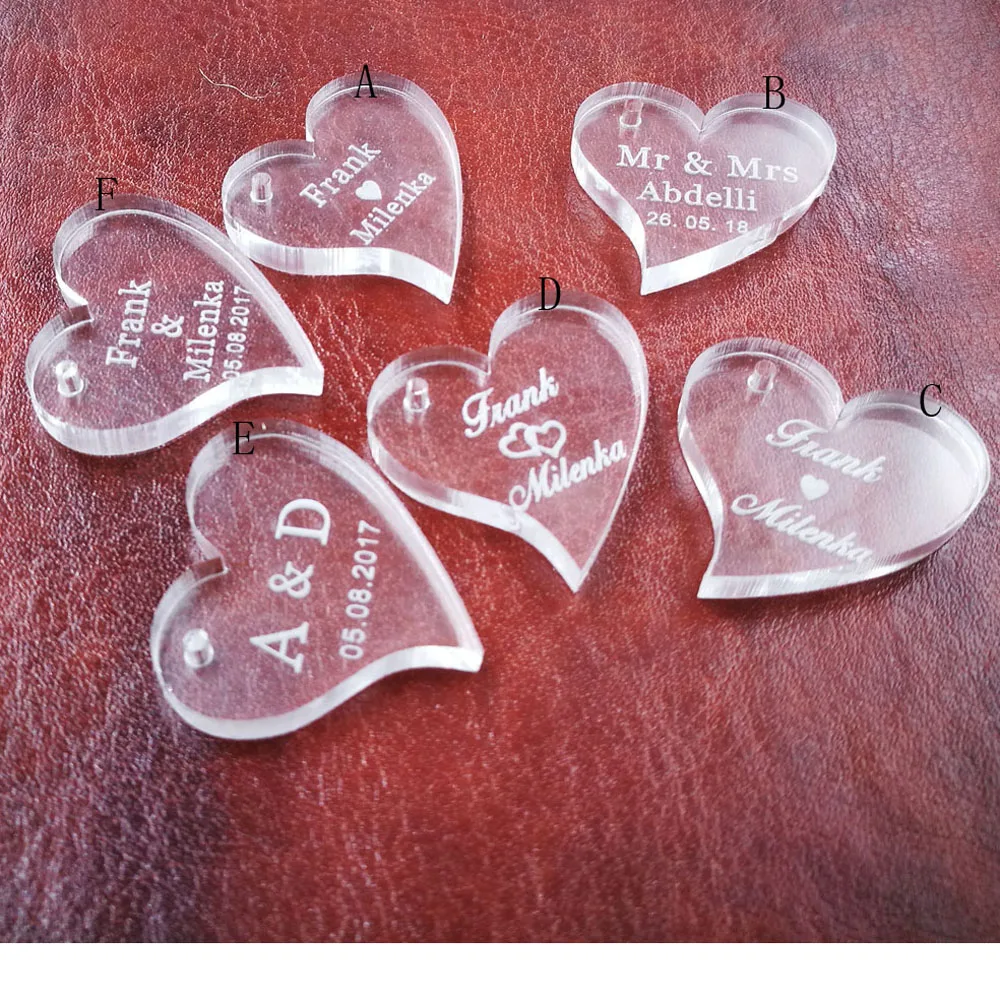 (50pcslot)Customized wedding hearts Acrylic Personalized mr mrs name Initials Wedding souvenirs Table Decoration Centerpieces