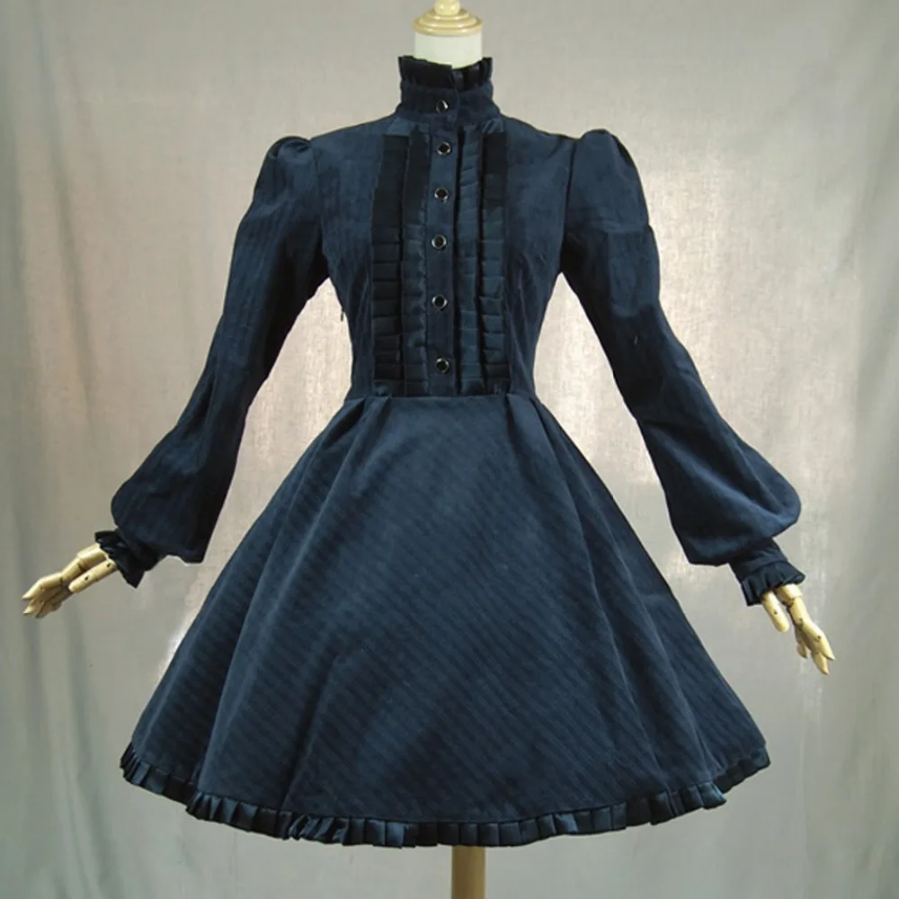 Vestido de oficina de Primavera Otoño de mujer británica vintage lolita disfraz de pana vestido Casual plisado largo rompevientos - 1