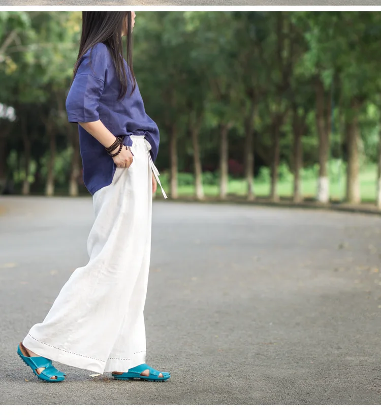 LZJN Women Culottes Wide Leg Pants 2019 Summer Long Trousers Elastic Waist Pockets Solid 5 Colors 100% Linen Pants Loose Bottoms (12)