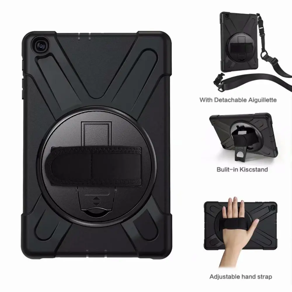 Чехол для samsung Galaxy Tab A T510 T515 10,1 '', безопасный противоударный защитный чехол для планшета, вращающийся на 360 градусов, ремешок на руку и шейный ремень - Цвет: Черный