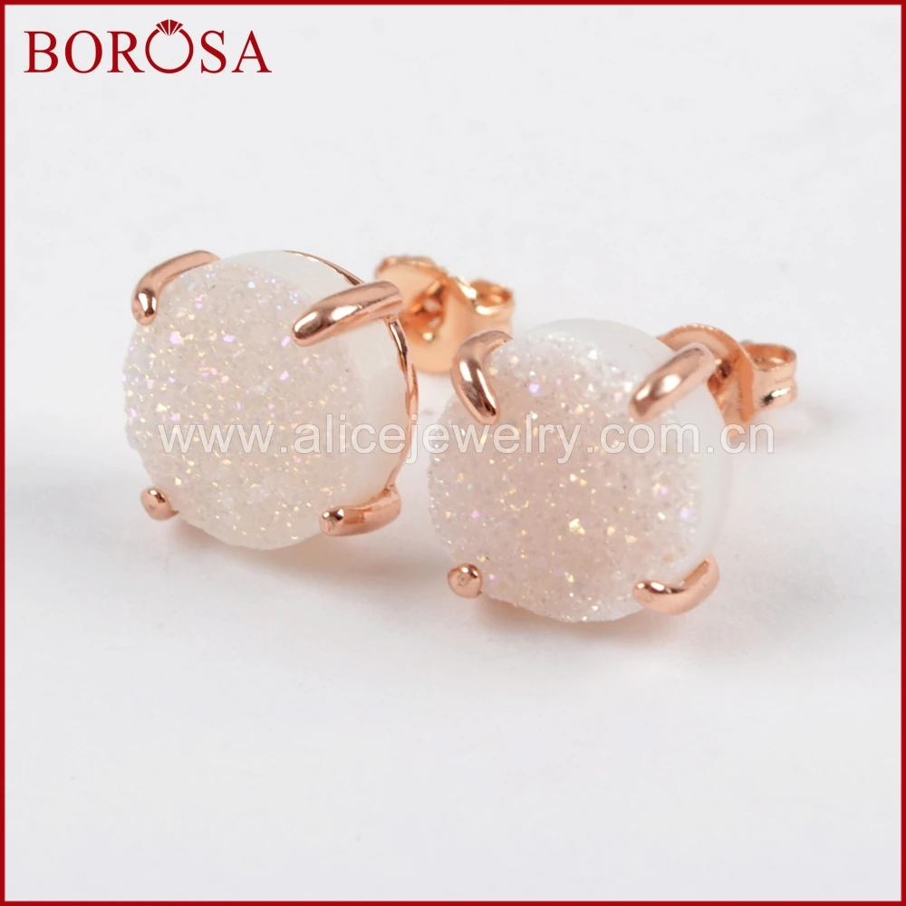 

BOROSA 10mm Stud Earrings for Women Round Rose Gold Plated Titanium Multi-color Drusy Stone Geode Natural Druzy Earrings ZG0132