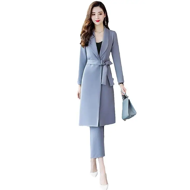 

Women 2019 Spring Autumn Elegant 2 Piece Sets OL Style Female Long Blazer Jacket +Wide Leg Pants Suit Chic Solid Belt Sets J176