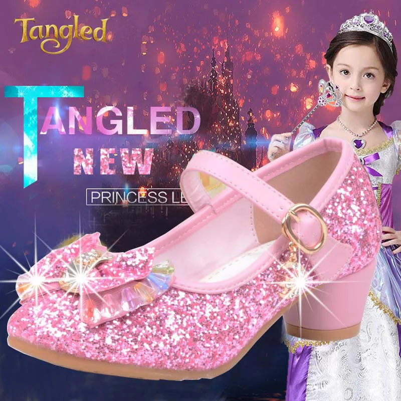 Модная детская обувь; девичьи на высоком каблуке; вечерние туфли принцессы с блестками для танцев; обувь Снежной Королевы для детей; цвет розовый, синий; кожаная обувь - Цвет: Розовый