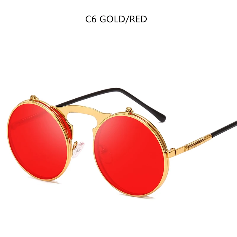 Steampunk Sunglasses Round Metal Sunglass Women Style Retro Flip Circular Double Metal Sun Glasses Men - Цвет линз: Gold Red