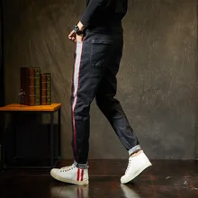 Мешковатые мужские джинсы для полных парней, осень, новые мужские свободные Стрейчевые джинсы больших размеров, мужские джинсовые брюки с боковой отделкой, 4XL 5XL 6XL