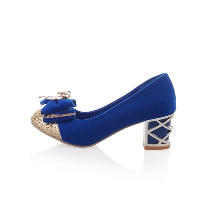 Милые Удобные туфли-лодочки с круглым носком в японском стиле для свиданий; модная женская обувь на среднем каблуке с блестящим бантом и лисьим металлическим украшением - Цвет: blue