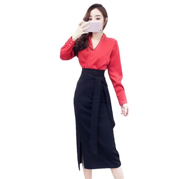 

2019 Spring Summer Women New Fashion Elegant Sets Long Sleeve V-Neck Blouse Shirt +High Waist Slim Split Skirt Two Piece Set J72