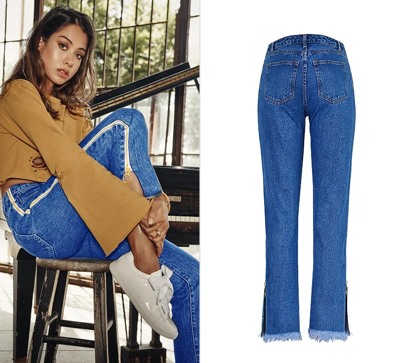 Europe and the United States women's high waist loose straight jeans nine pants bilateral zipper adjustment tassel tassels up to people section (6)