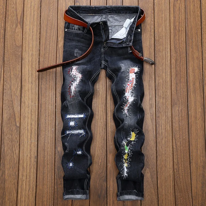 2018 HIP HOP Hot MOTO Biker Fashion Men Washed Ripped Destroyed Holes Jeans Straight Casual Straight Denim Trousers 