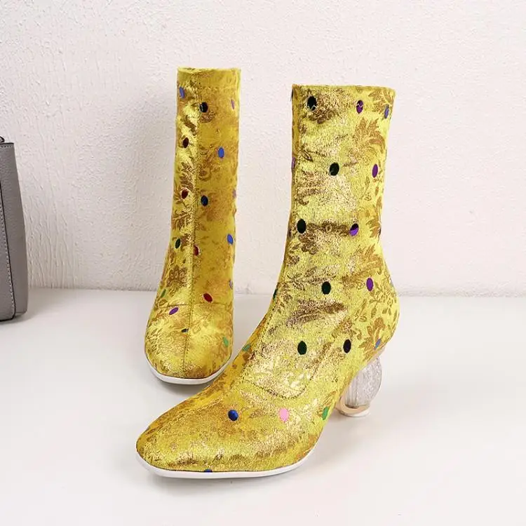 

Gold Red Suede US Dollar Print Ankle Boots For Women Luxury Designers Botas Mujer Slip On Round Toe Clear Heels Ladies Shoes