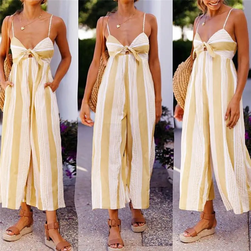 Fashion summer jumpsuit woman 2018 Stripe Print Jumpsuits Lady Loose Playsuit Long Trousers Bodysuit pantaloni siamesi J21#N (9)