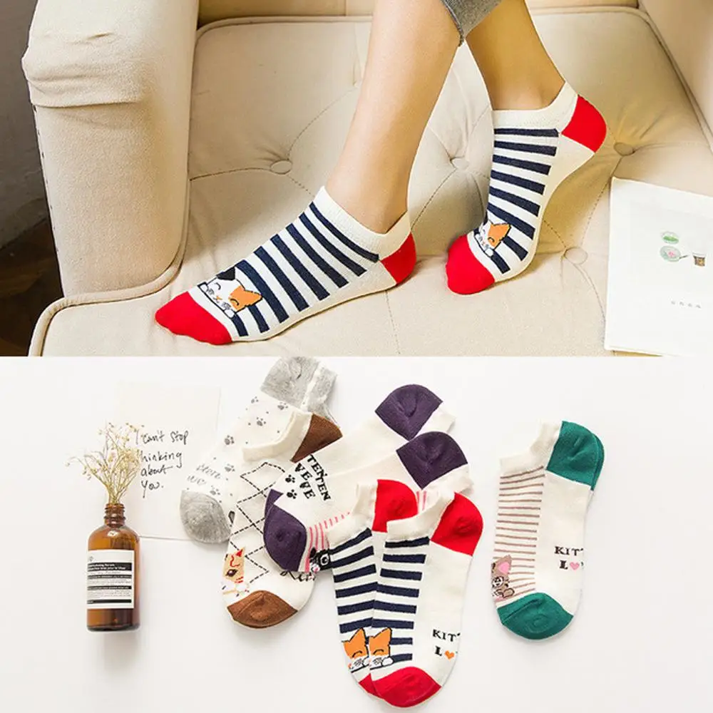 

10pcs/5Pair Female Cat Print Low Cut Socks Short Socks Women's Slippers Spring Summer Cotton Boat Socks