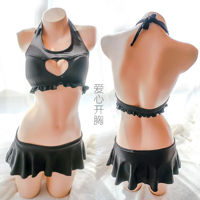 

Sexy Japanese Heart Open Chest Sukumizu Swimwear Sweet Lolita Falbala Bikini Two-piece Cosplay Swimsuit Black Bodysuit