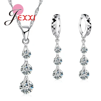 

New Hottest Women Anniversary CZ Necklace+Drop Earrings Lady Pretty Wedding Jewelry Sets Gifts Free shipping
