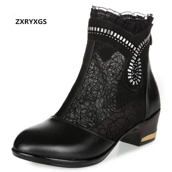 

Hot 2020 New Fish Head Cowhide Mesh Rhinestones Shoes Summer Women Boots Fashion Sandals Large Size Hollow Lace Cool Ankle Boots