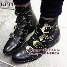 Модная брендовая дизайнерская обувь с заклепками и пряжками женские прочные черные кожаные ботильоны на низком каблуке женские мотоциклетные ботиночки с боковой молнией