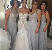 Cheap 2016 Silver Chiffon Long Bridesmaid Dresses 2016 A Line Beaded Lace Wedding Party Dresses Prom Gowns Vestido De Festa C43