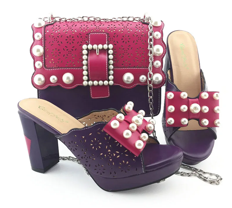 

New Arrival Women African Shoes and Bag Set Decorated with Beads High Heels Shoes and Bag Set 2019 Party Pumps Women Shoes